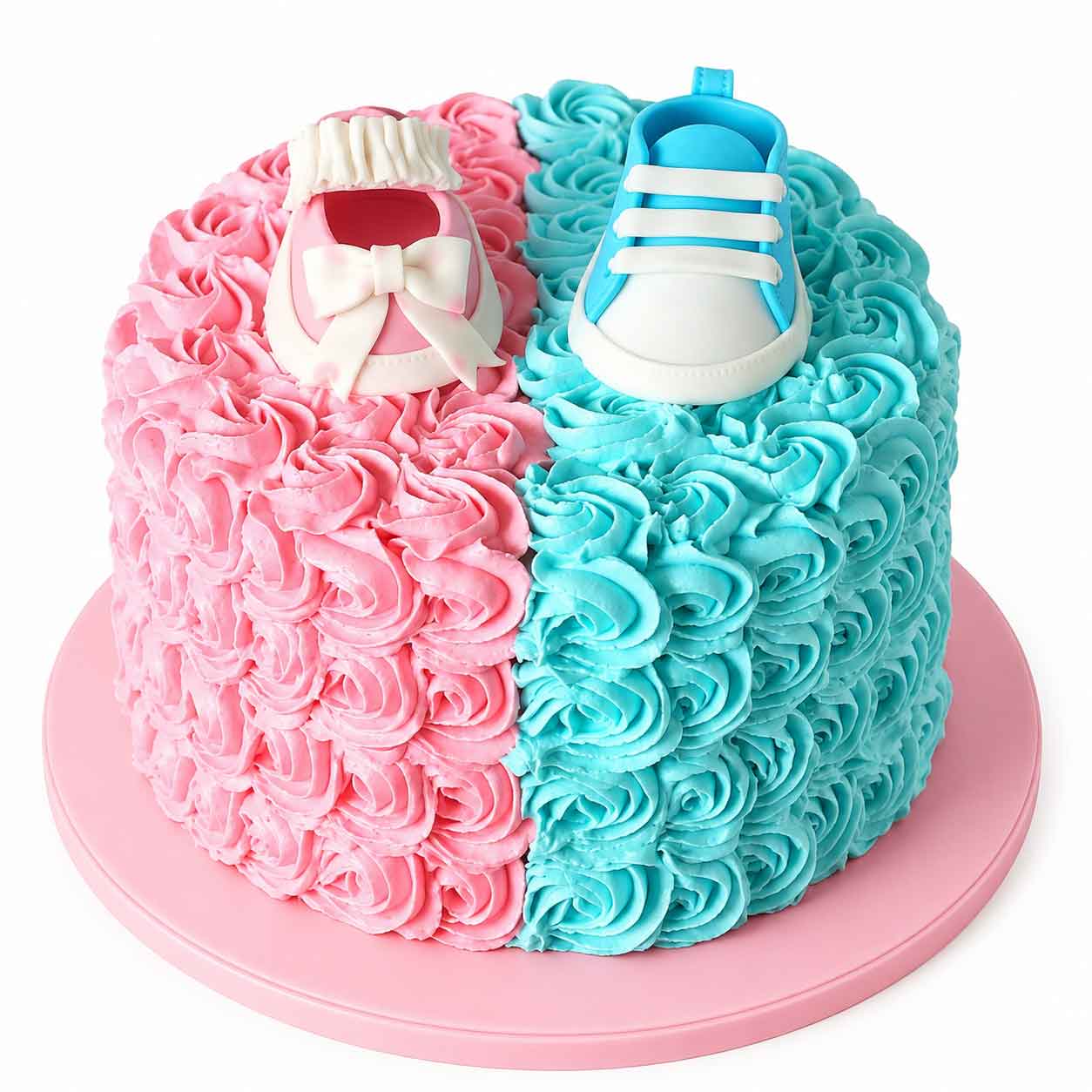 Gender Reveal Rosette Cake with Baby Shoes
